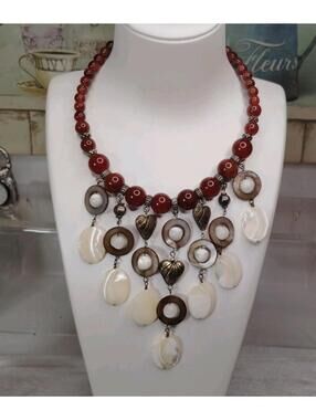 STUNNING Carnelian Mother Of Pearl & Shell Waterfall Necklace 16"